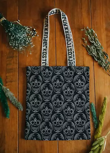 100% Cotton Canvas Black Skull Print Tote Bag by Xander Kostroma | Look Again