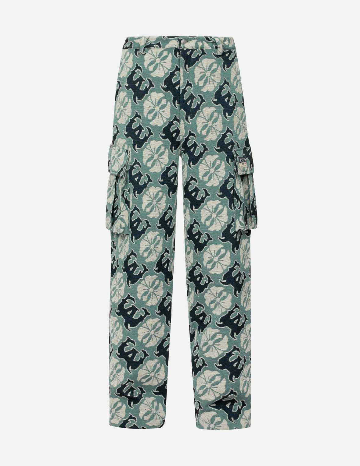 Allover Kamon and Logo Jacquard Wide Leg Tapestry Cargo Pants