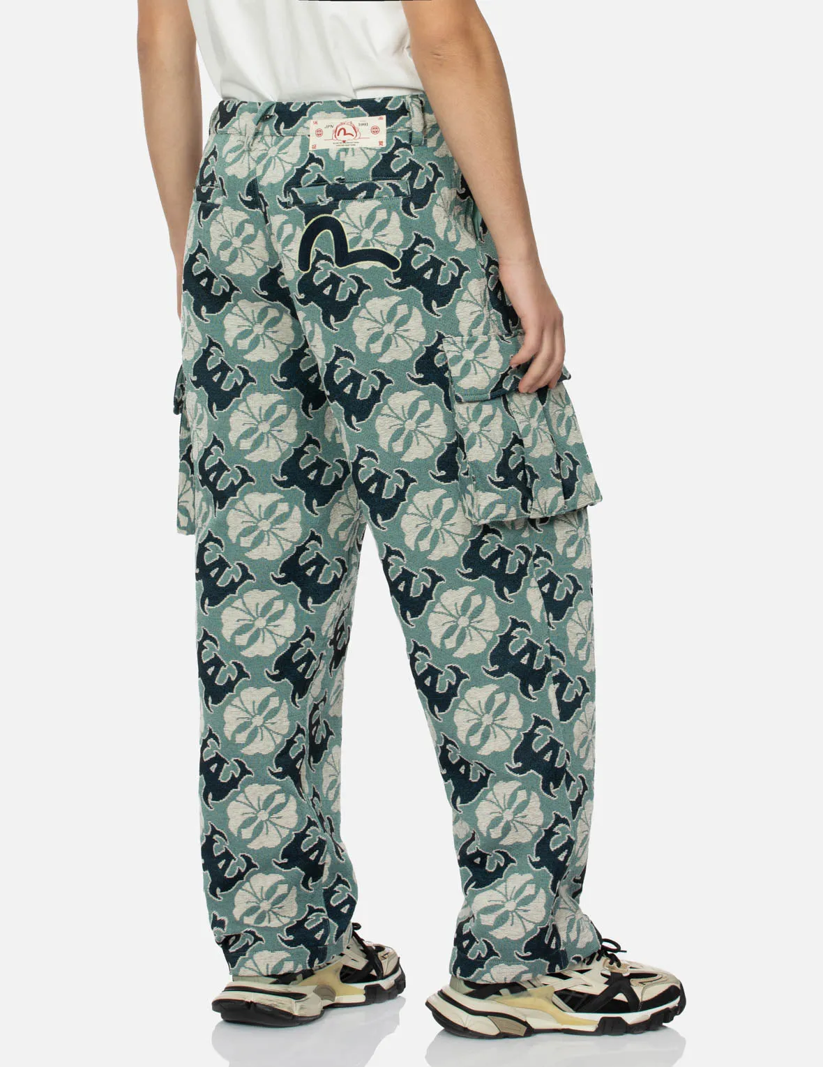 Allover Kamon and Logo Jacquard Wide Leg Tapestry Cargo Pants