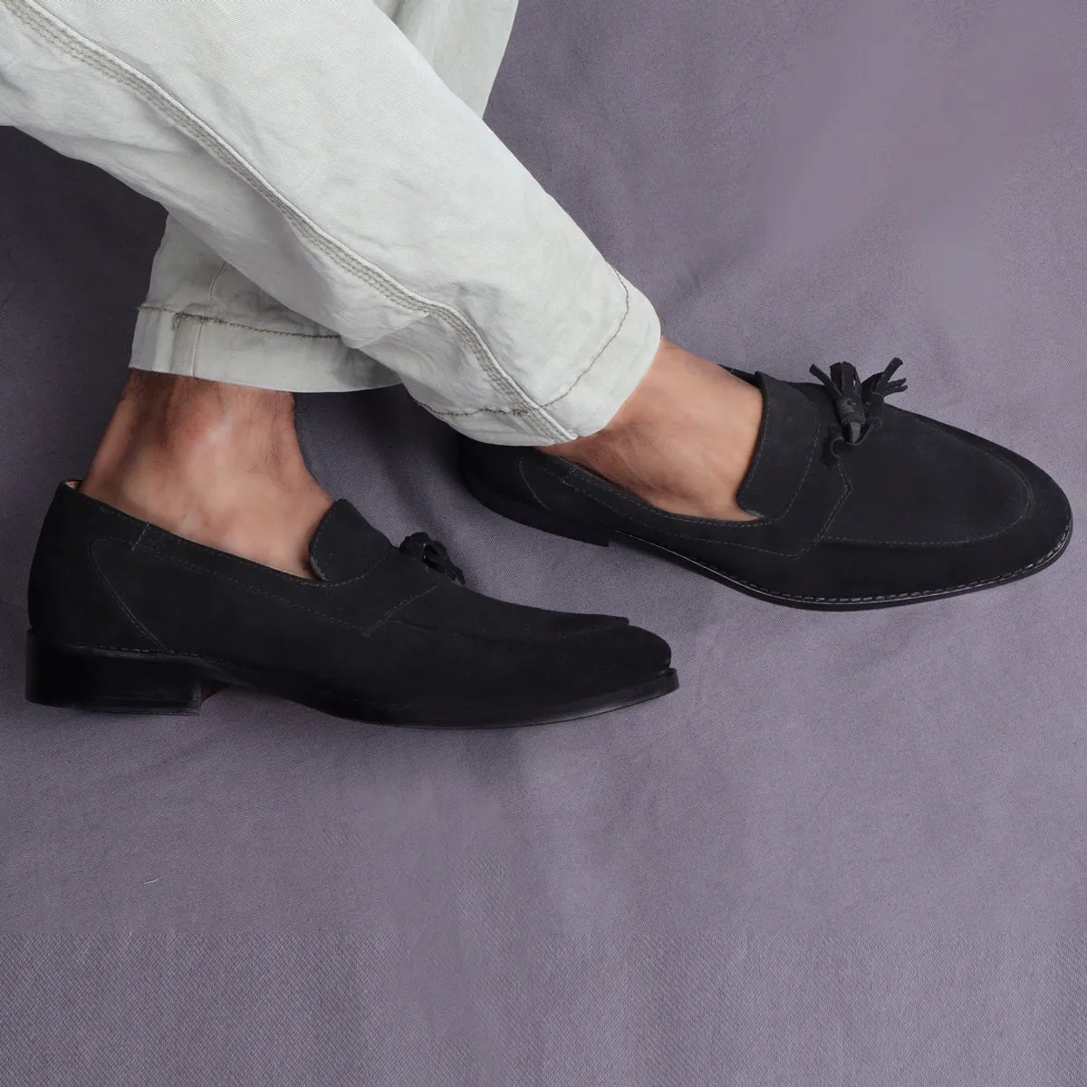 Apron Toe Tassel Slip-On Shoes For Men in Black Suede Leather