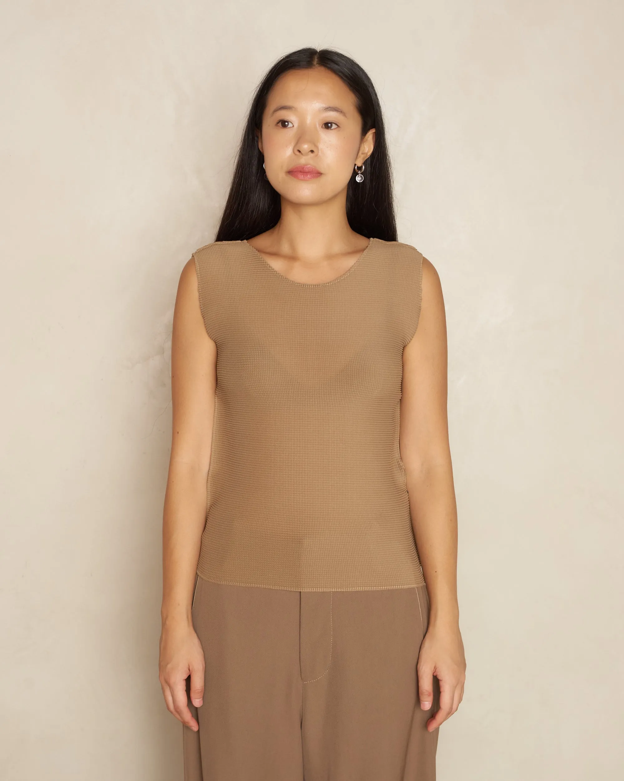 Beige Micropleat Tank Top