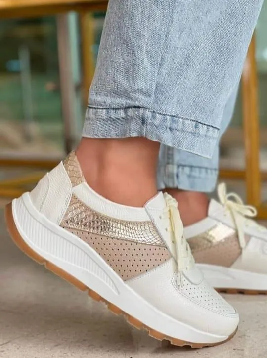 Beige Perforated Chunky Sole Sneakers