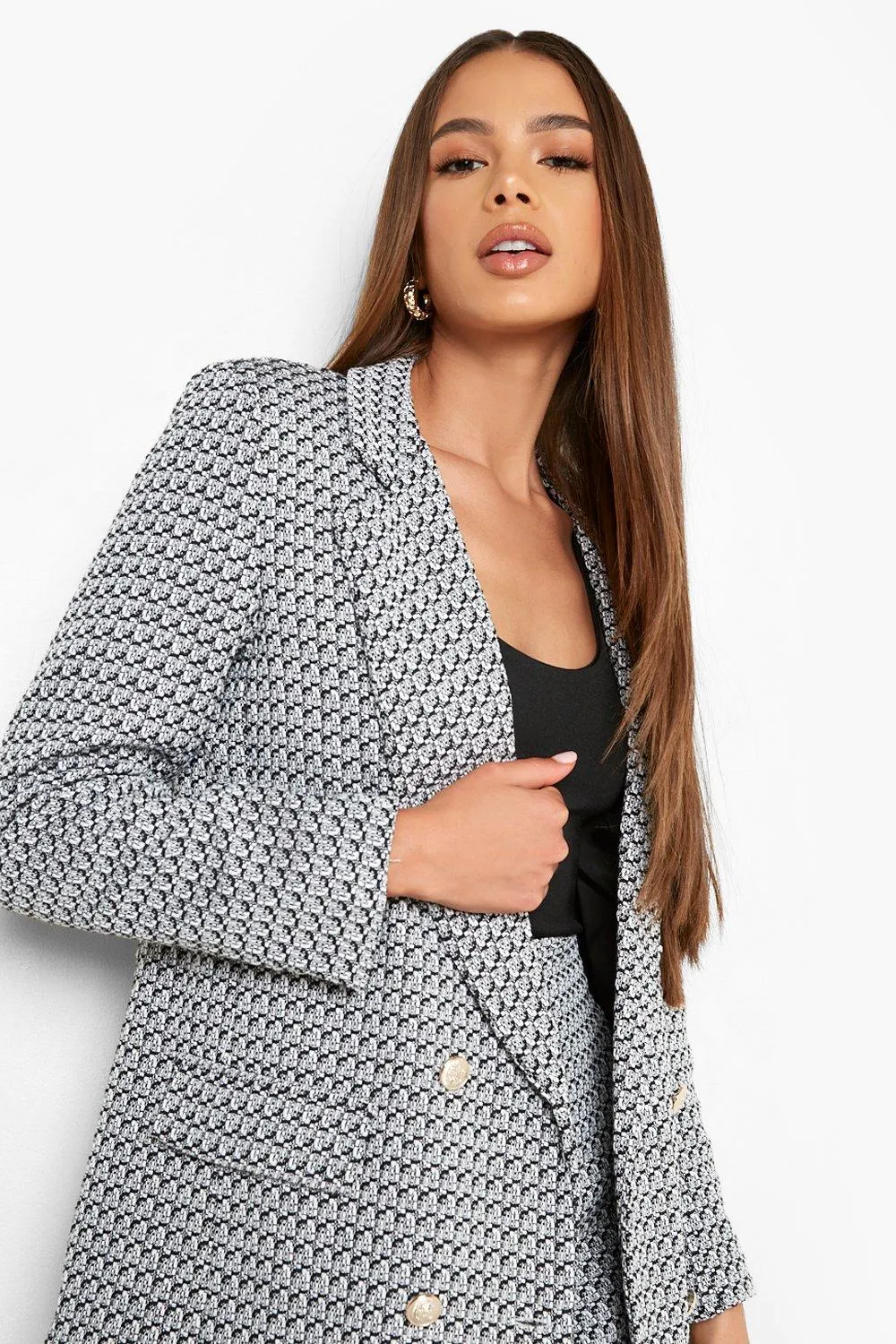 Boucle Frayed Hem Double Breasted Blazer