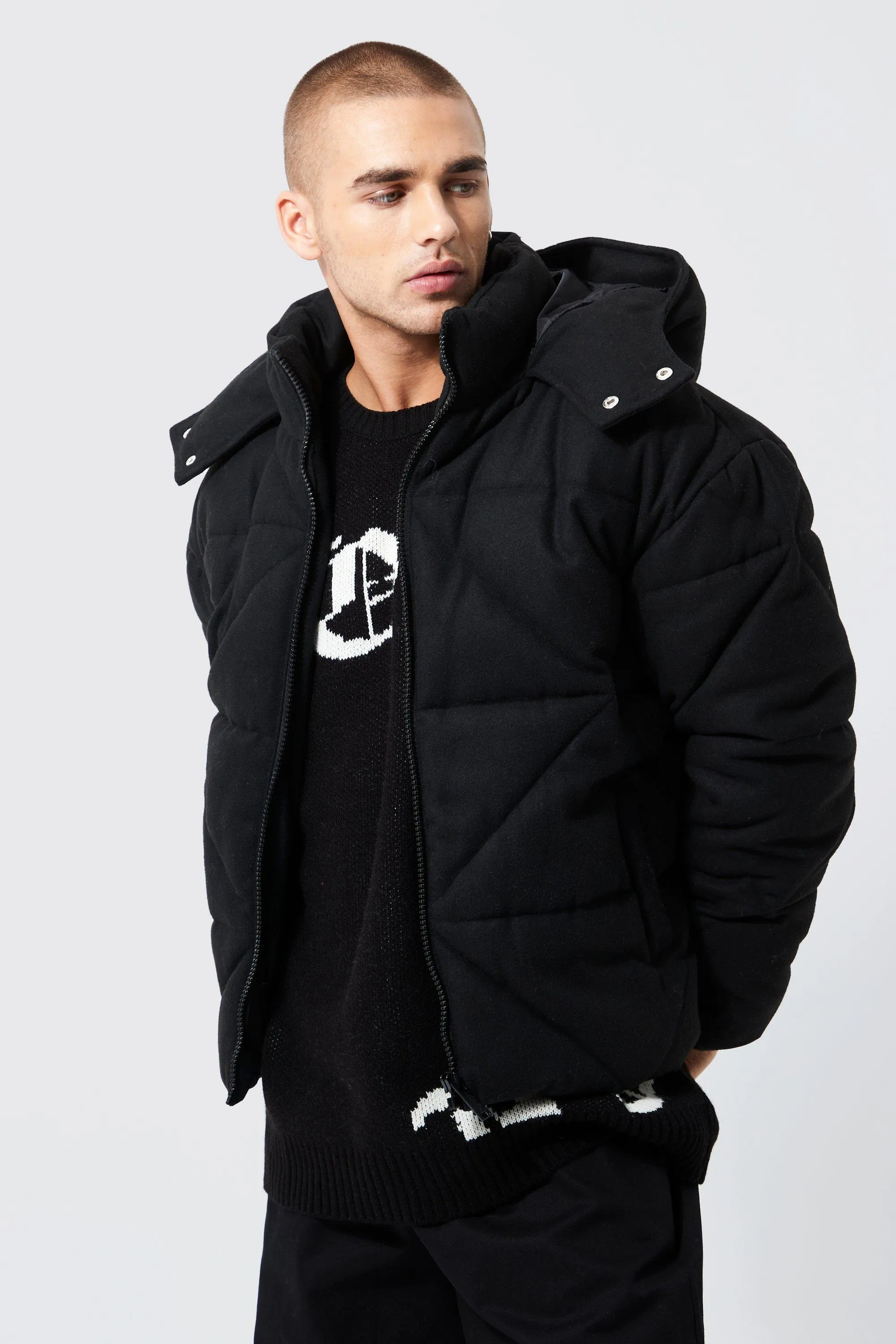 Boxy Wool Look Panel Puffer