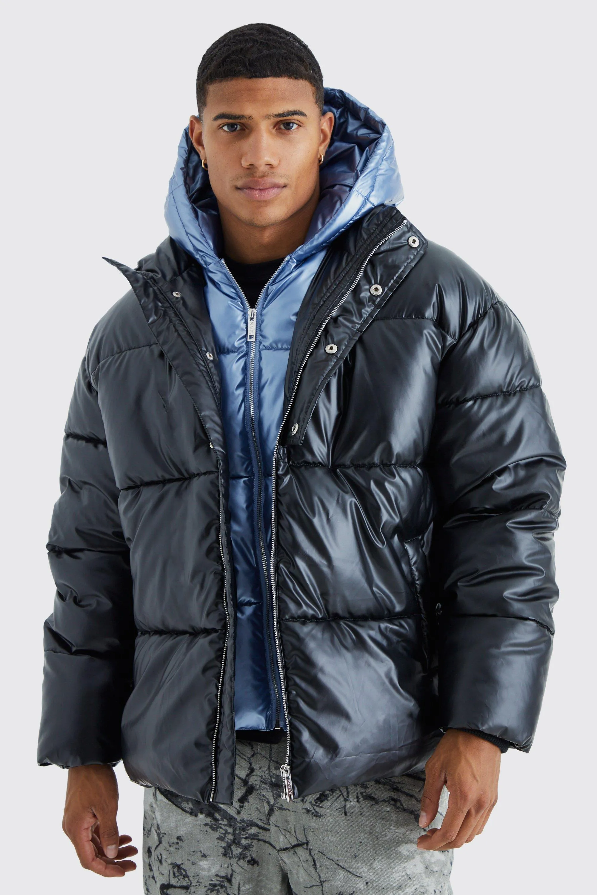 Double Layer Metallic Puffer With Hood