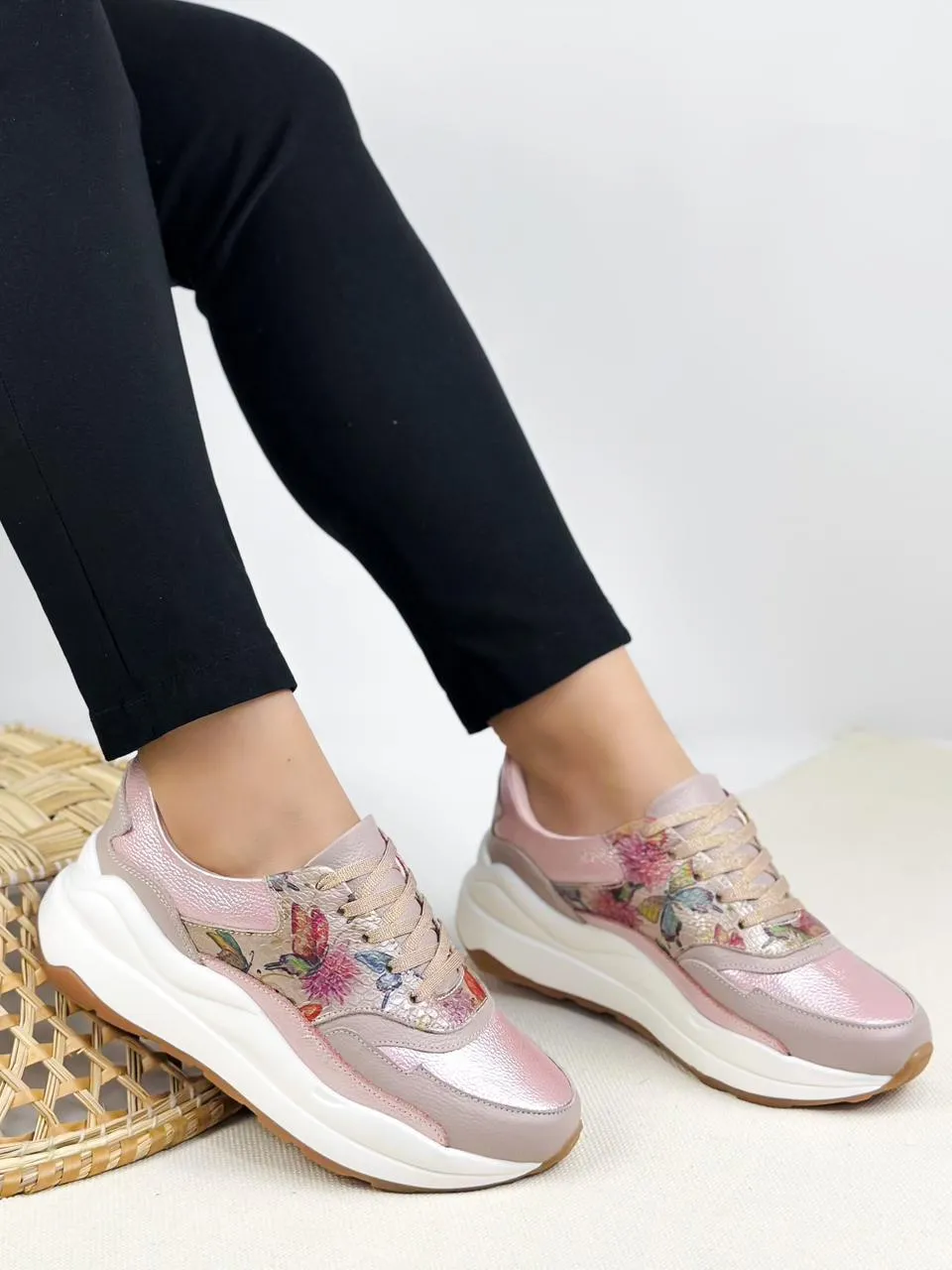 Floral Pink Metallic Chunky Sneakers