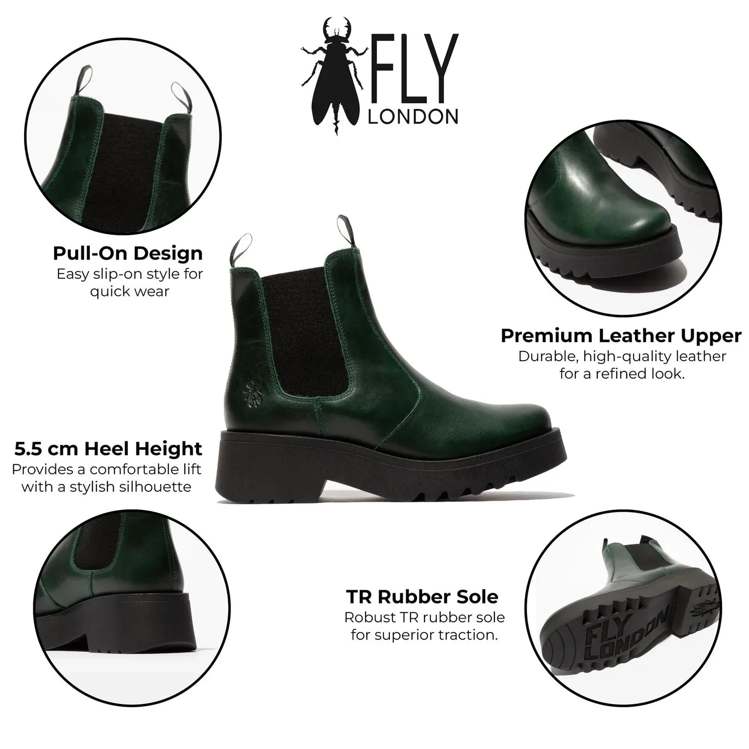 Fly London - MEDI789 Women's Petrol Green Leather Platform Heel Chelsea Boots