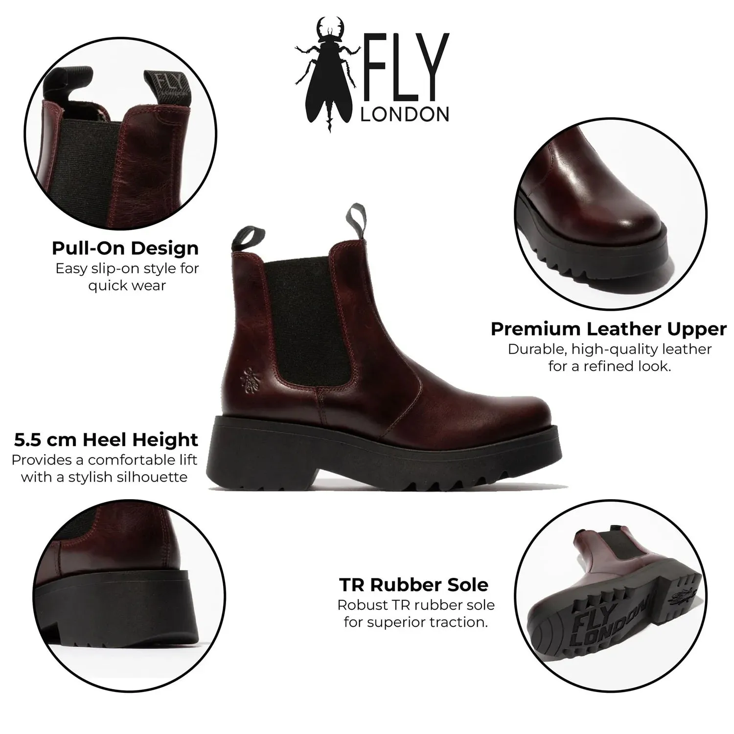 Fly London - MEDI789 Women's Wine Leather Platform Heel Chelsea Boots