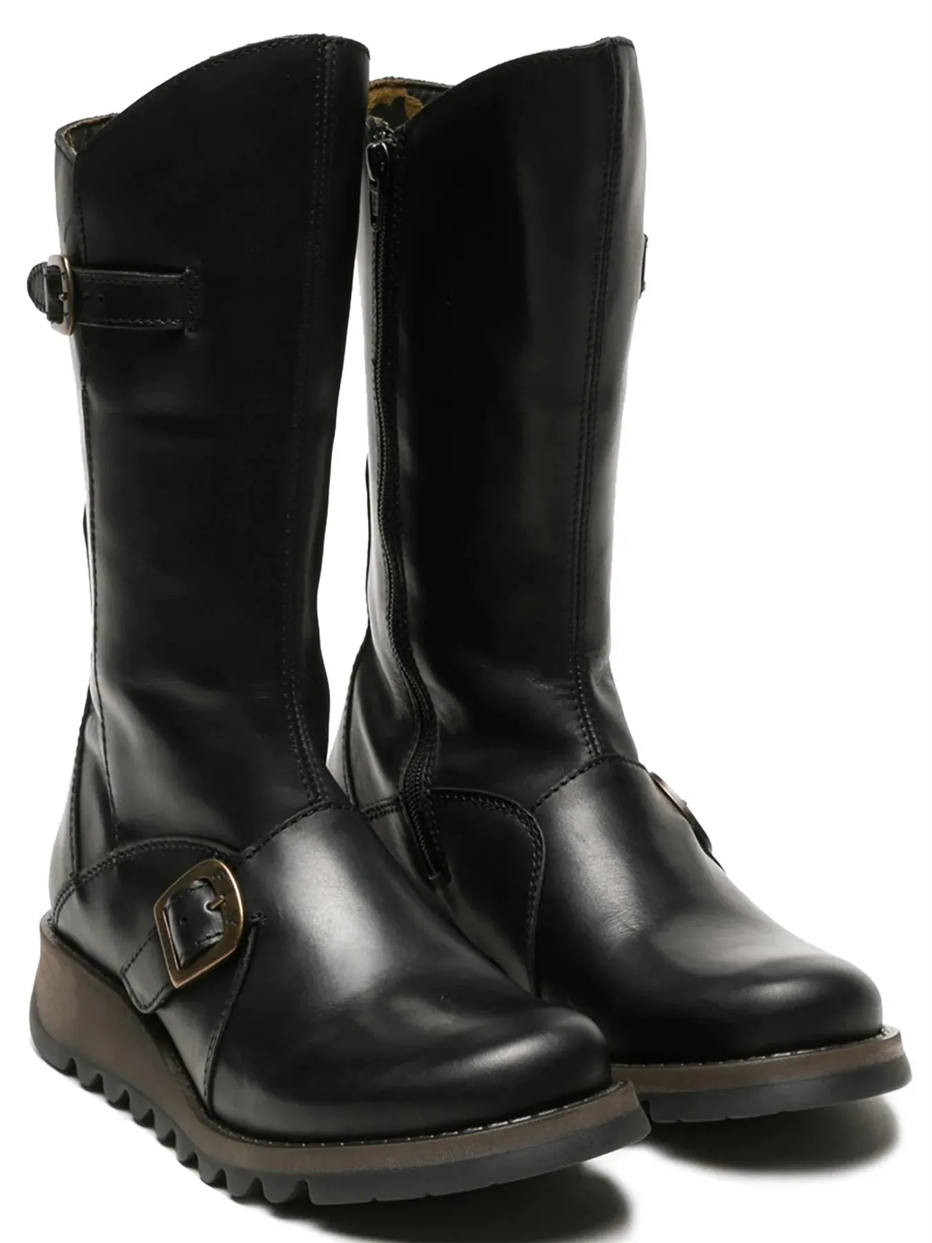 Fly London - MES 2 Women's Black Leather Mid-Calf Wedge Platform Boots