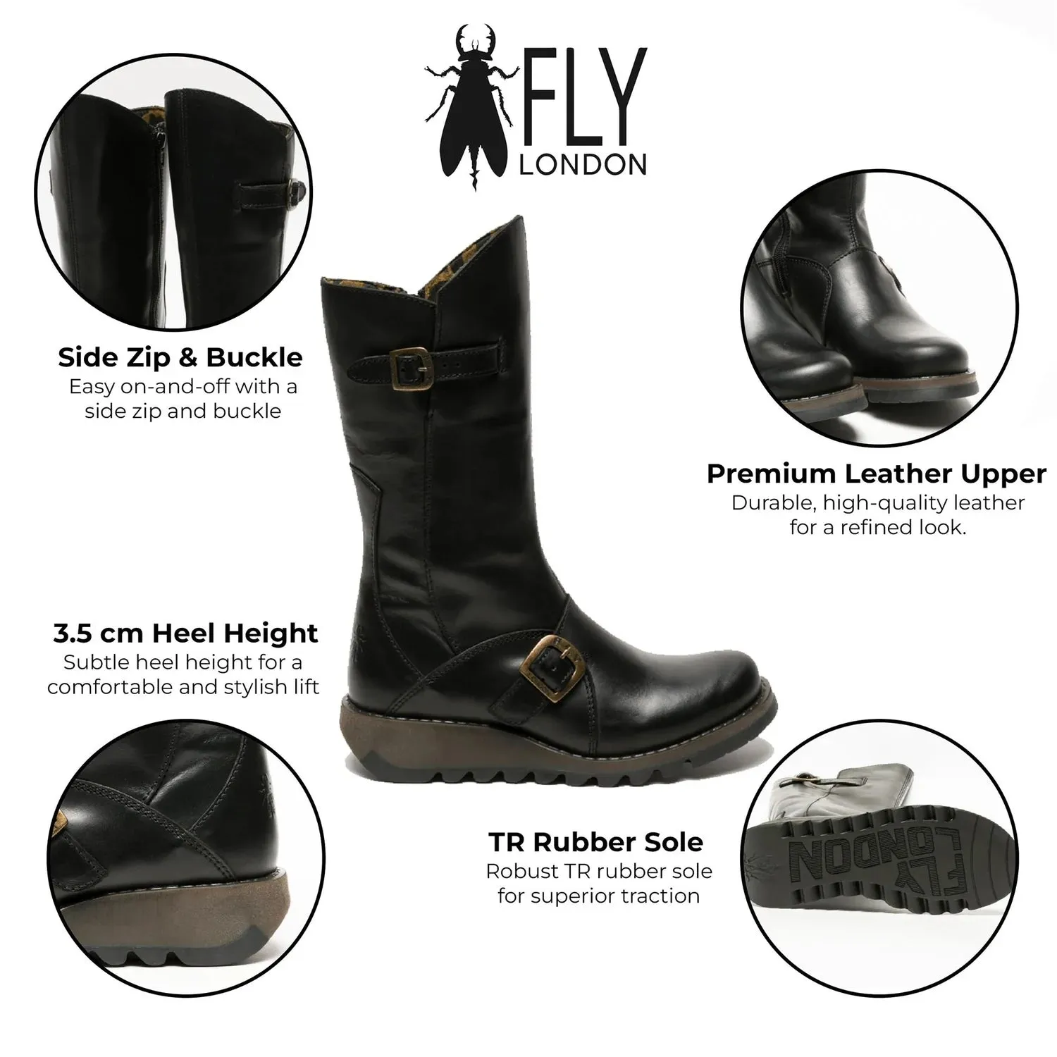 Fly London - MES 2 Women's Black Leather Mid-Calf Wedge Platform Boots