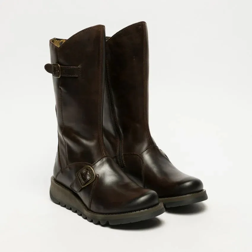 Fly London - MES 2 Women's Brown Leather Mid-Calf Wedge Platform Boots