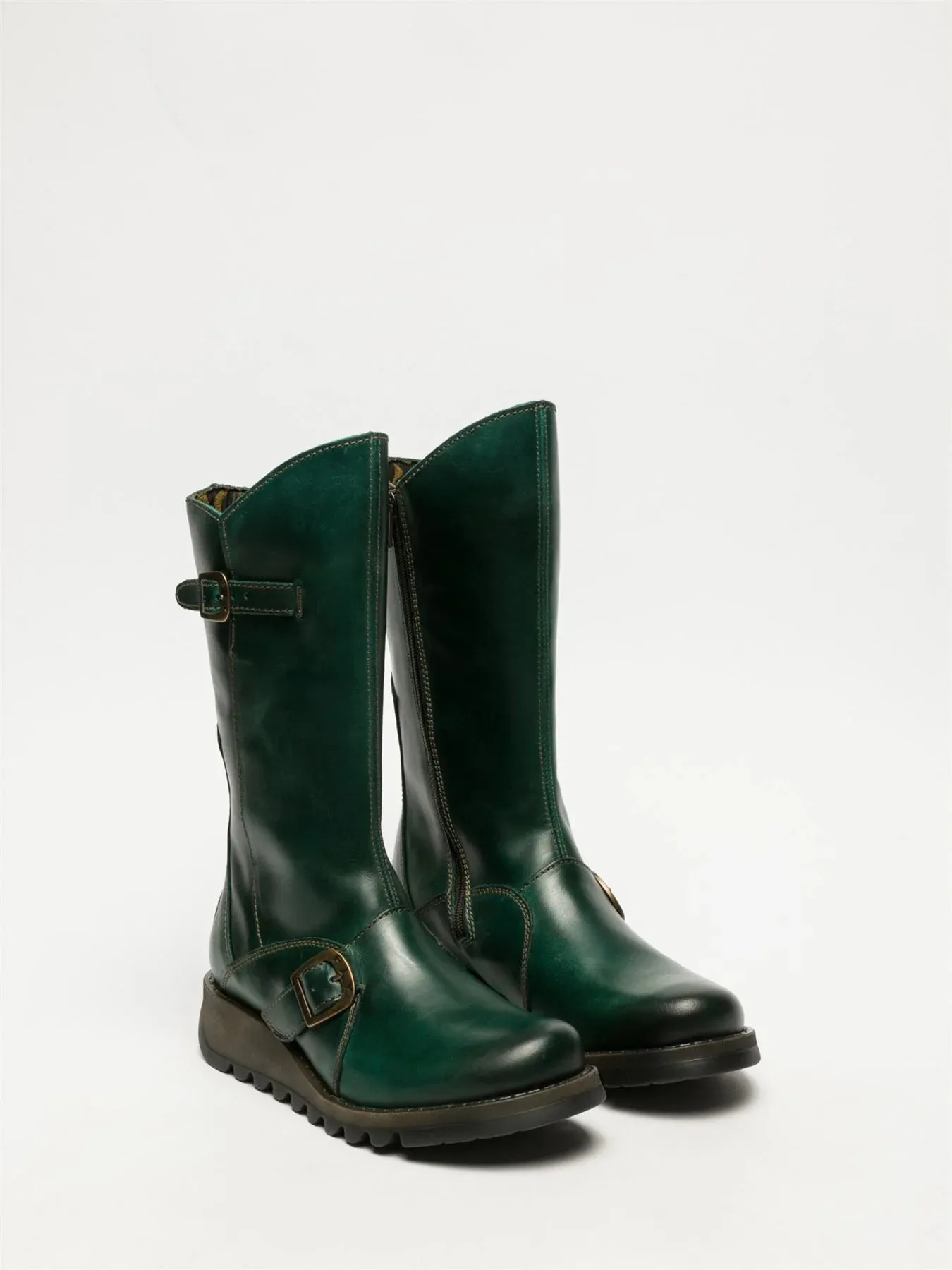 Fly London - MES 2 Women's Petrol Green Leather Mid-Calf Wedge Platform Boots