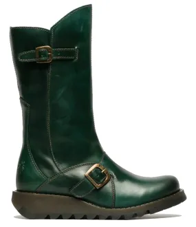 Fly London - MES 2 Women's Petrol Green Leather Mid-Calf Wedge Platform Boots