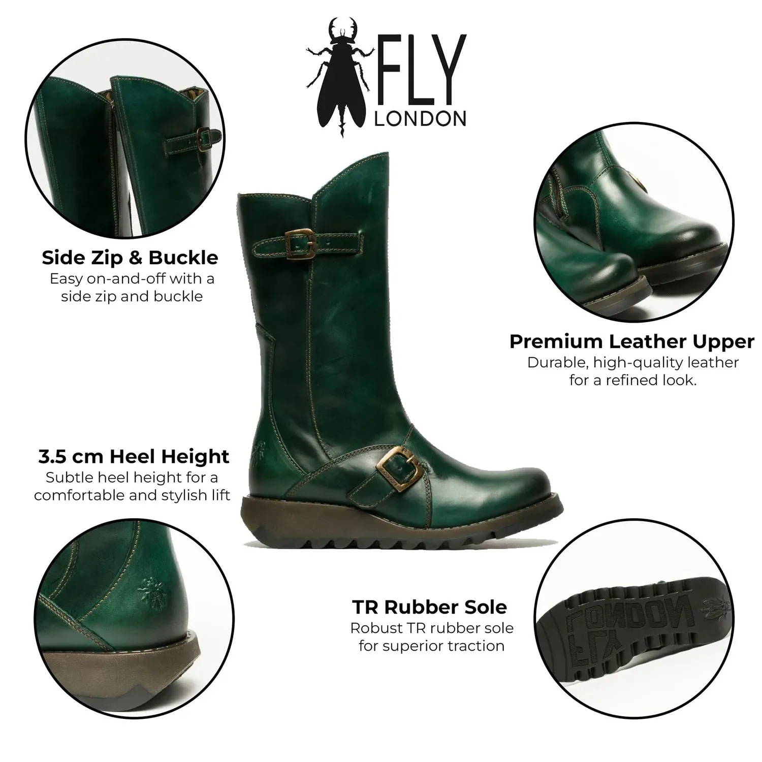 Fly London - MES 2 Women's Petrol Green Leather Mid-Calf Wedge Platform Boots