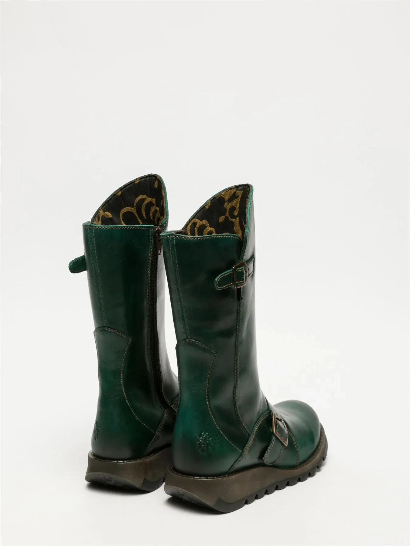 Fly London - MES 2 Women's Petrol Green Leather Mid-Calf Wedge Platform Boots