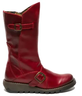 Fly London - MES 2 Women's Red Leather Mid-Calf Wedge Platform Boots