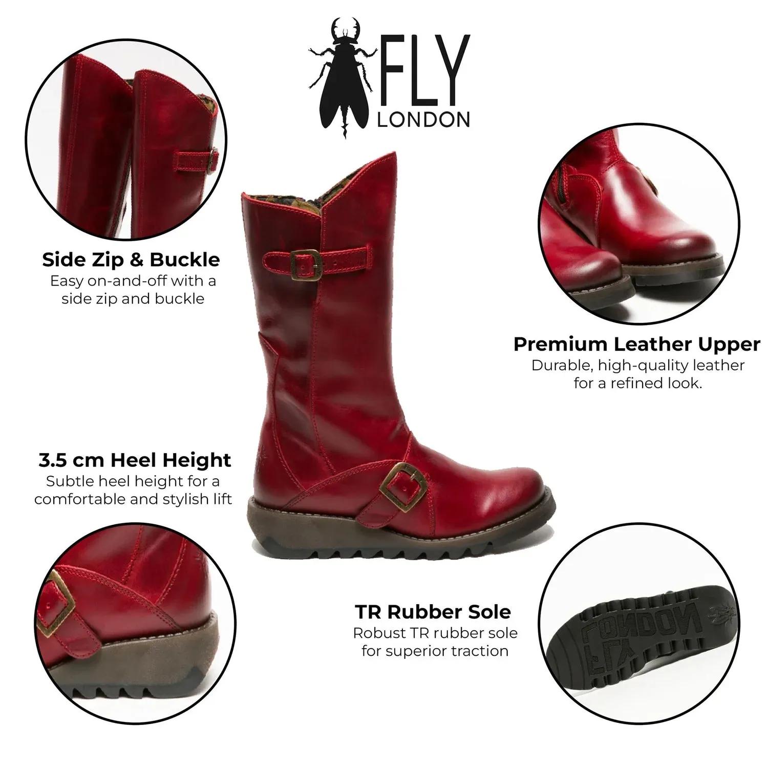 Fly London - MES 2 Women's Red Leather Mid-Calf Wedge Platform Boots