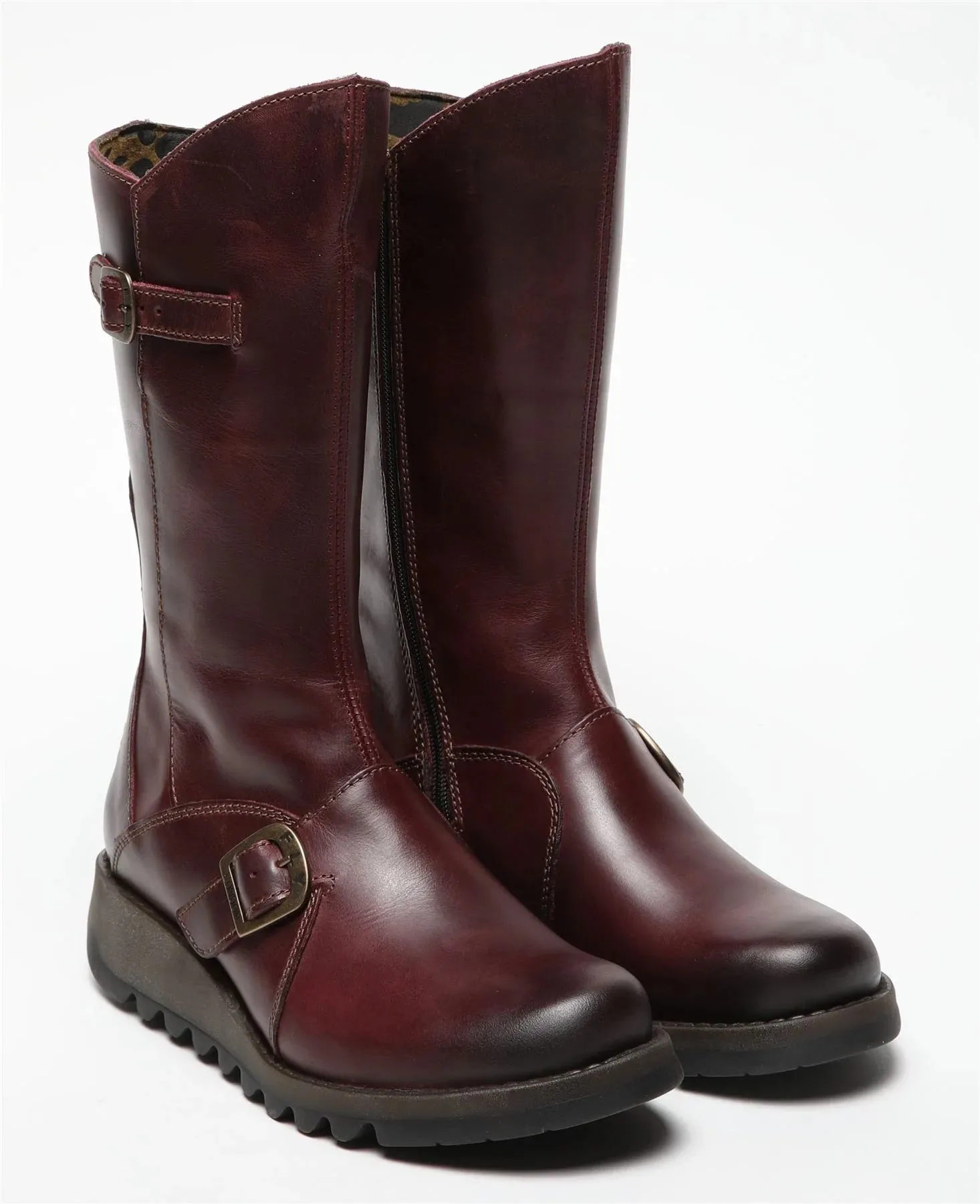 Fly London - MES 2 Women's Wine Leather Mid-Calf Wedge Platform Boots