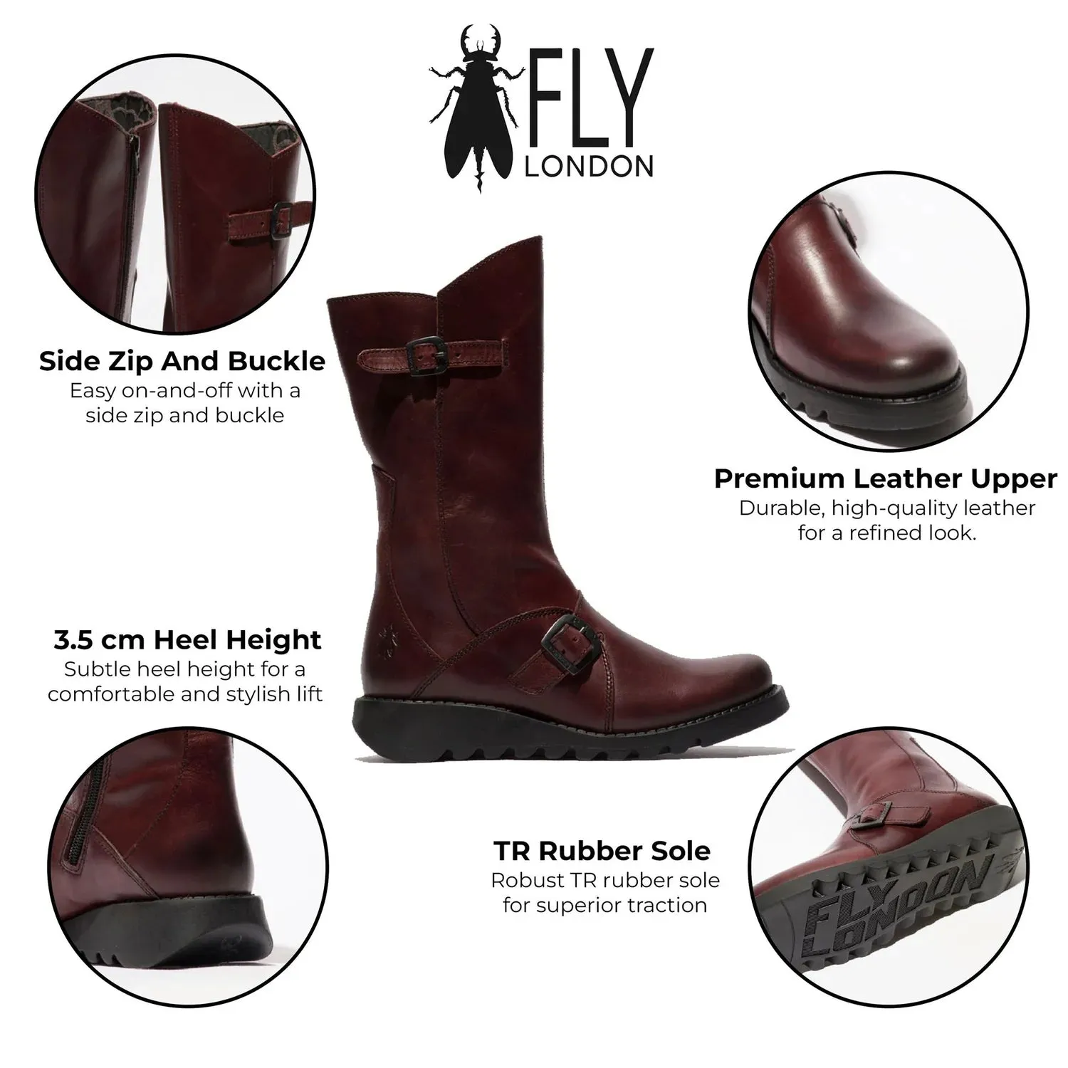 Fly London - MES 2 Women's Wine Leather Mid-Calf Wedge Platform Boots