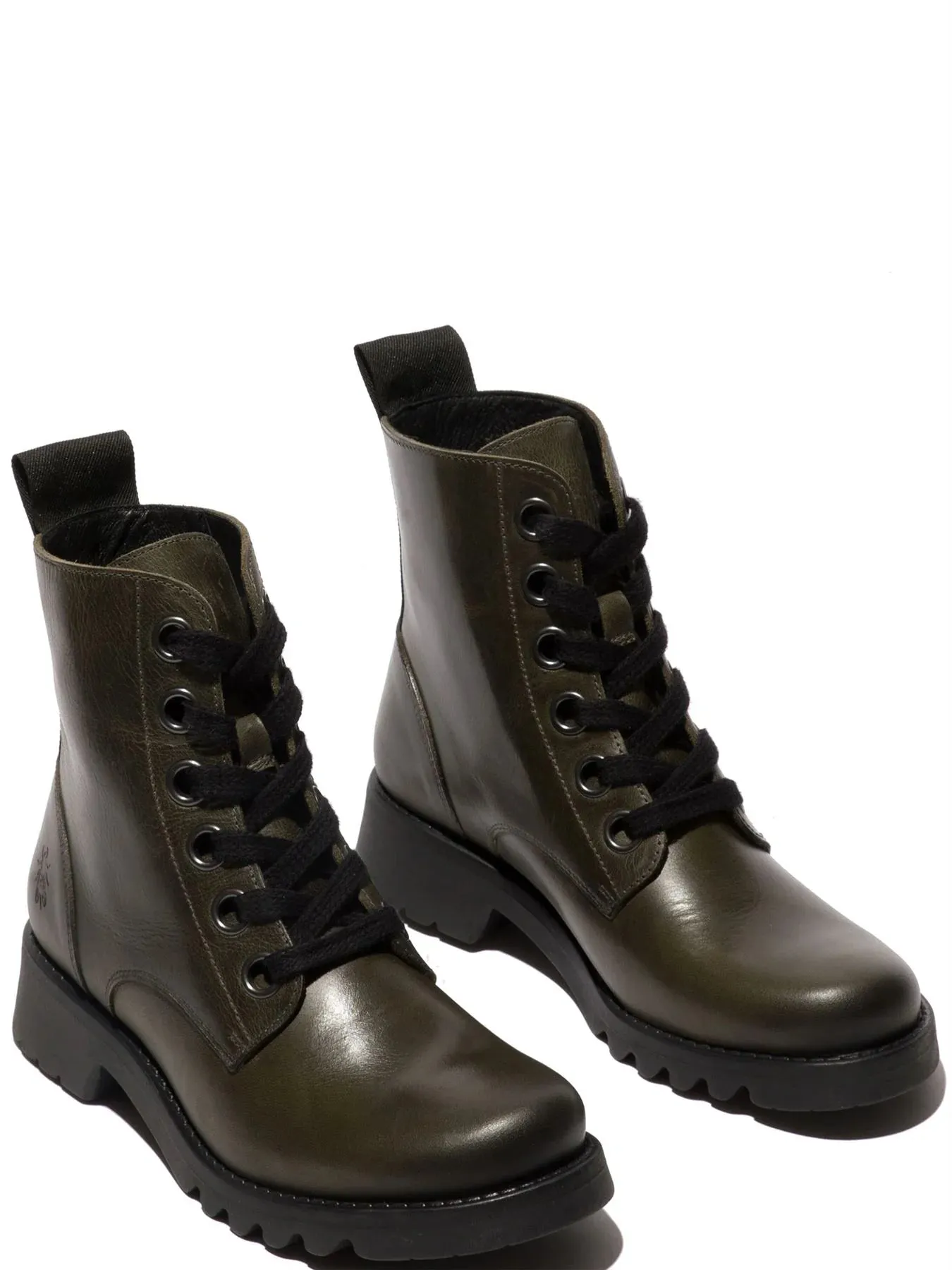 Fly London - RAGI539 Women's Dark Olive Green Leather Lace Up Ankle Boots