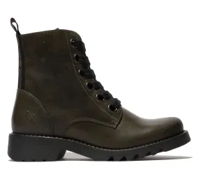 Fly London - RAGI539 Women's Dark Olive Green Leather Lace Up Ankle Boots