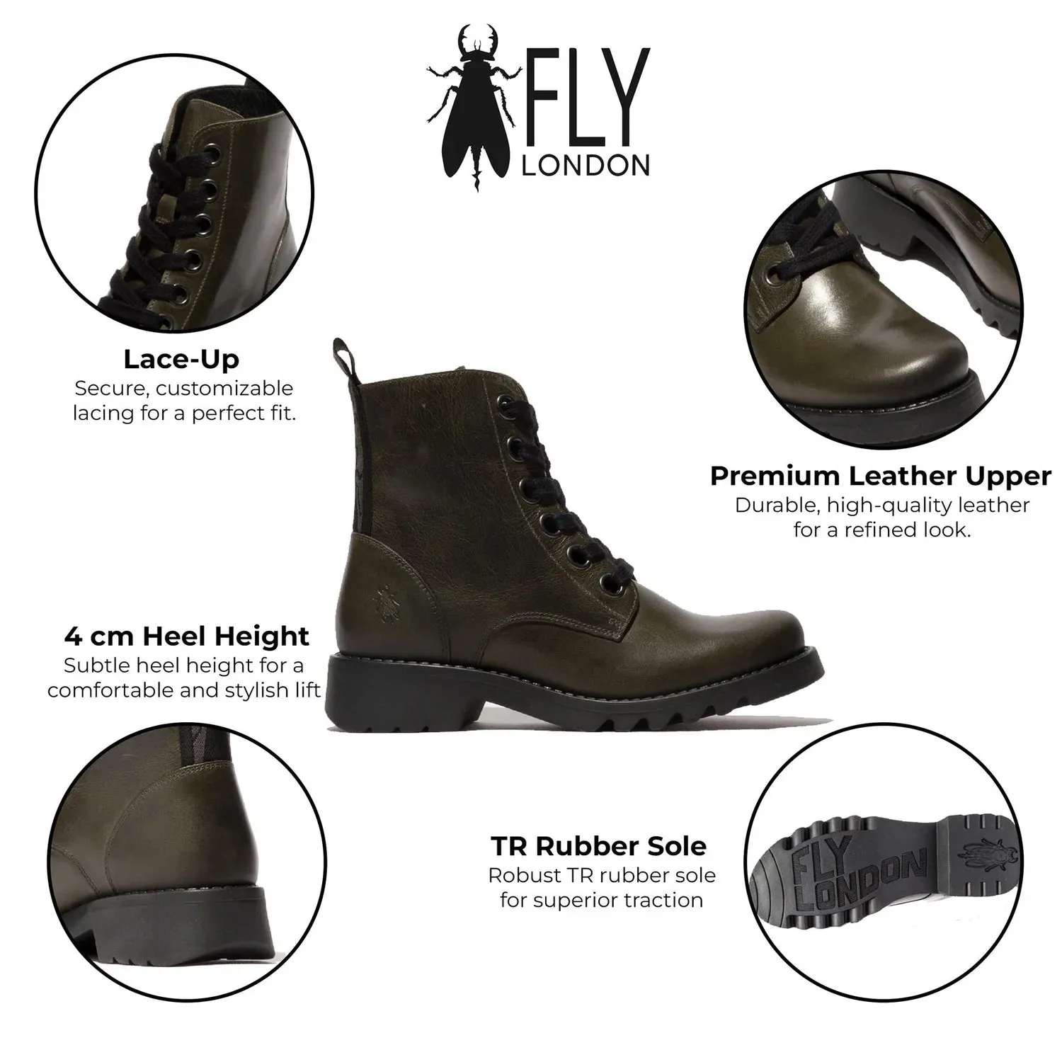 Fly London - RAGI539 Women's Dark Olive Green Leather Lace Up Ankle Boots