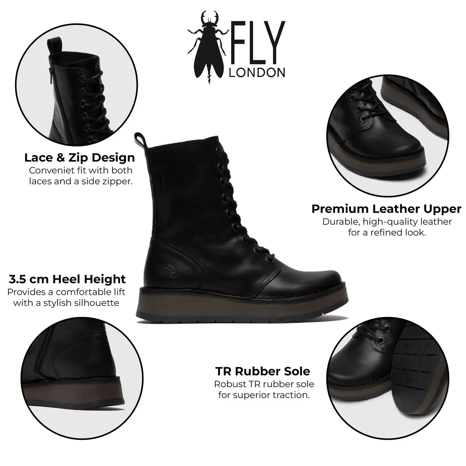 Fly London - RAMI043 Women's Black Leather Lace Up Ankle Boots