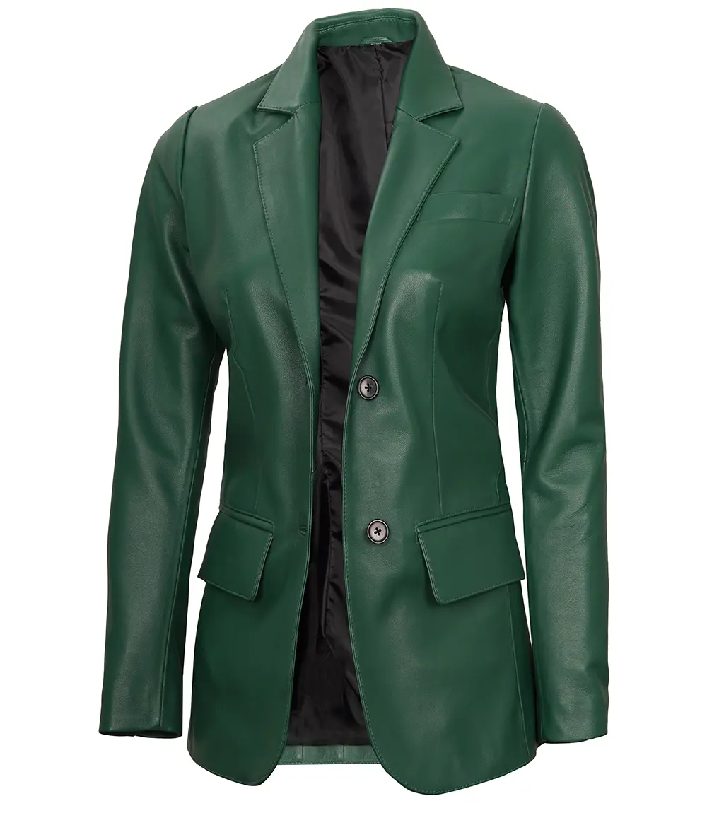 Green Women's Two Buttons Real Leather Blazer Jacket