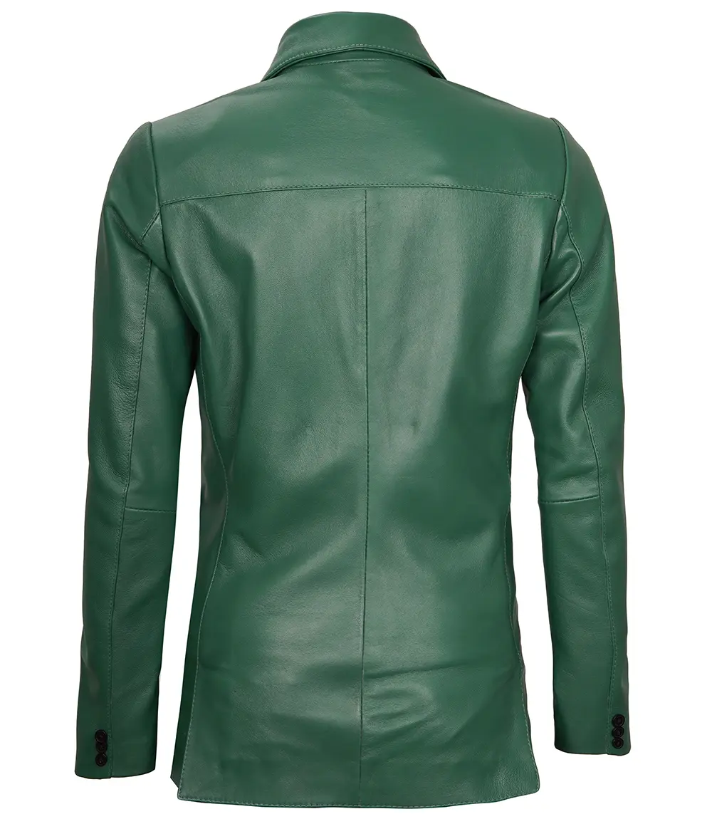 Green Women's Two Buttons Real Leather Blazer Jacket