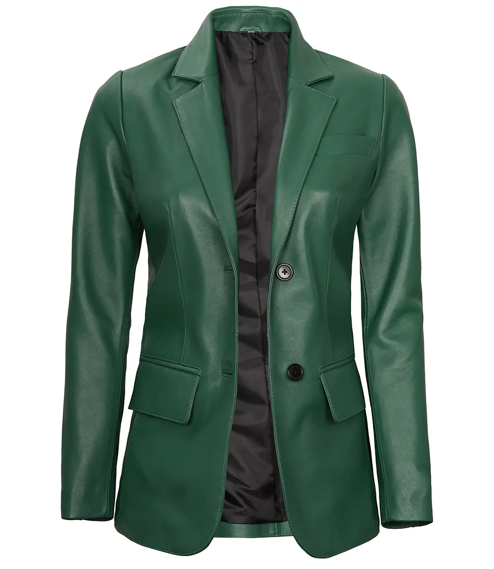 Green Women's Two Buttons Real Leather Blazer Jacket