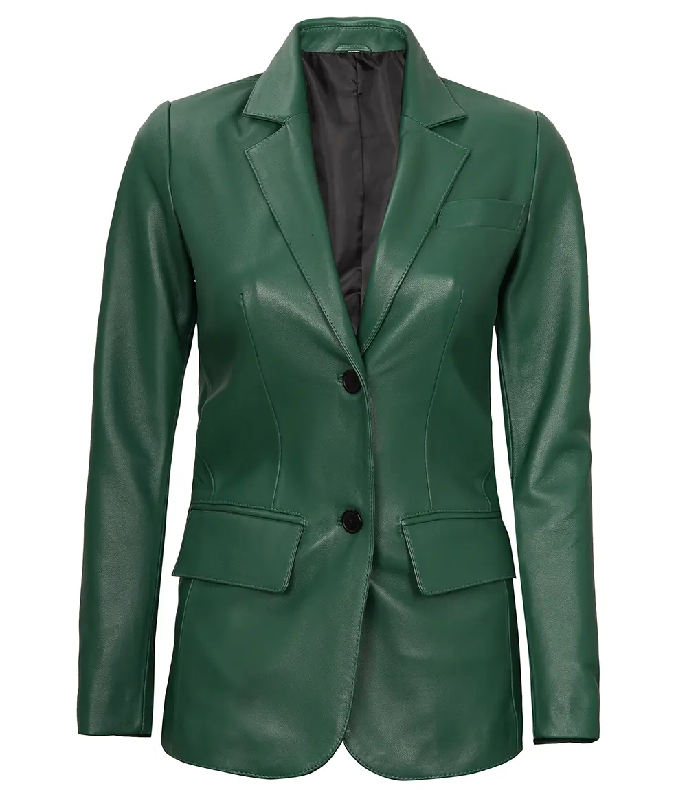 Green Women's Two Buttons Real Leather Blazer Jacket