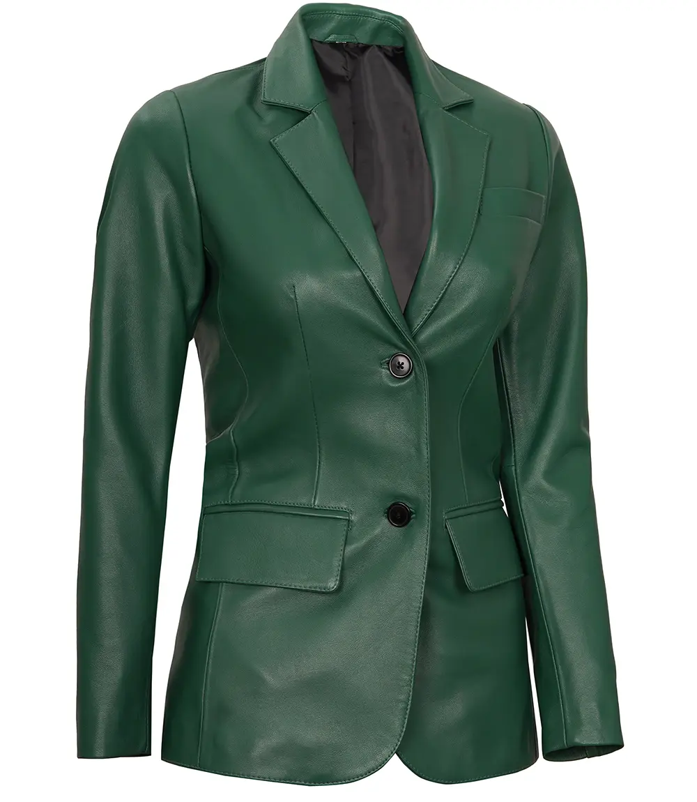 Green Women's Two Buttons Real Leather Blazer Jacket