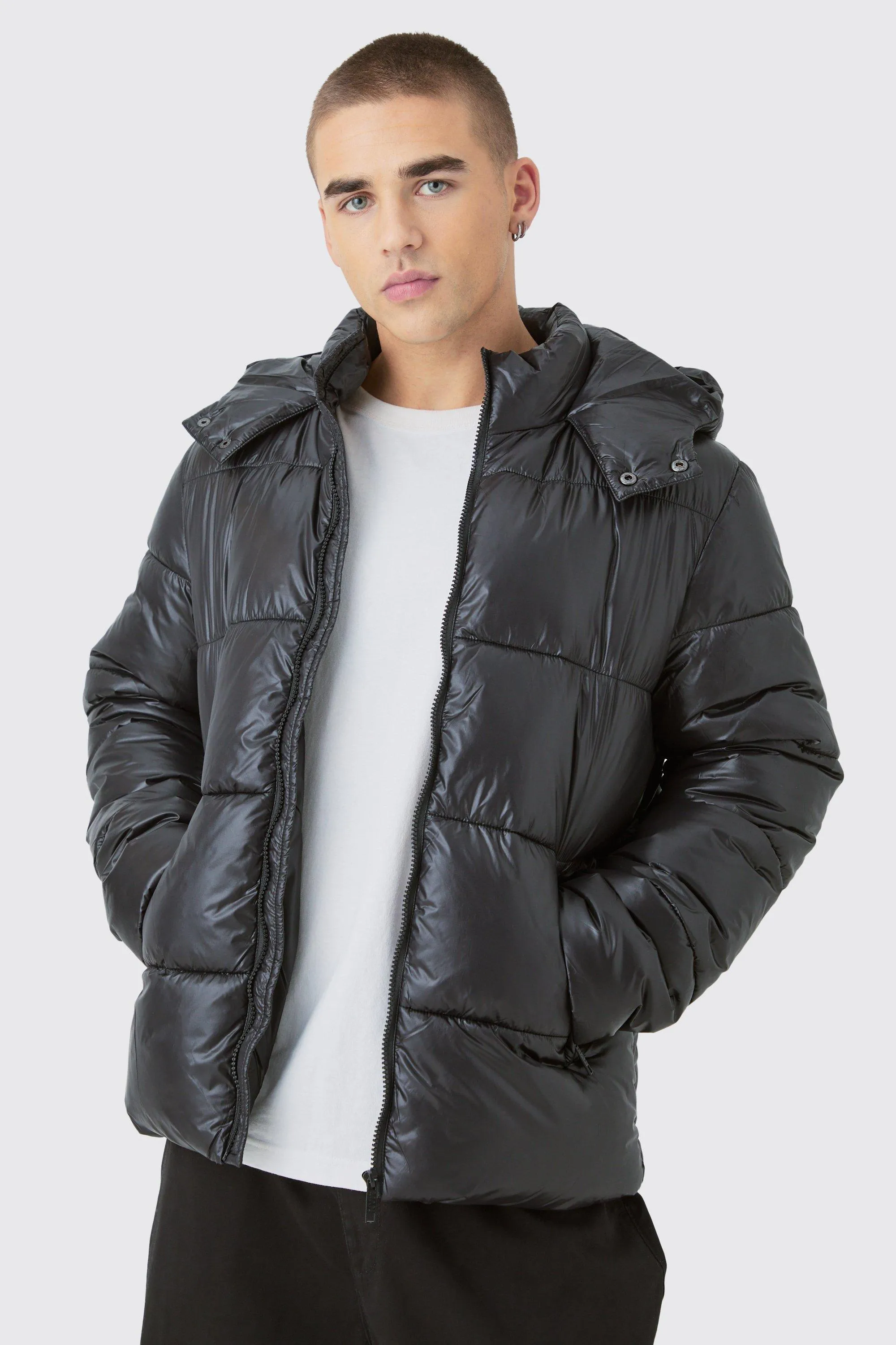 Hooded High Shine Puffer Jacket in Black