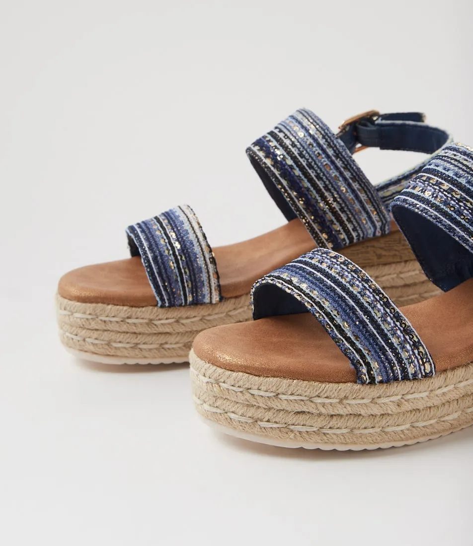 I LOVE BILLY Halla Navy Glitz Synthetic Raffia Sandals