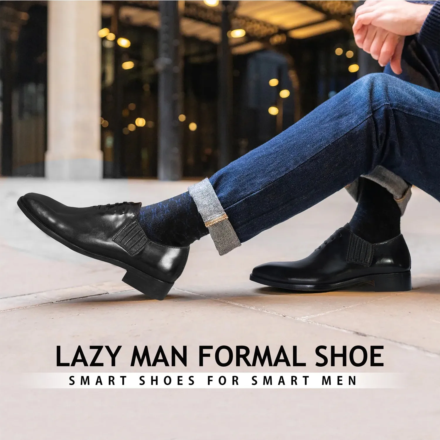 Lazy Men Formal Shoes with Fixed Oxford Lace-Up in Genuine Black Leather