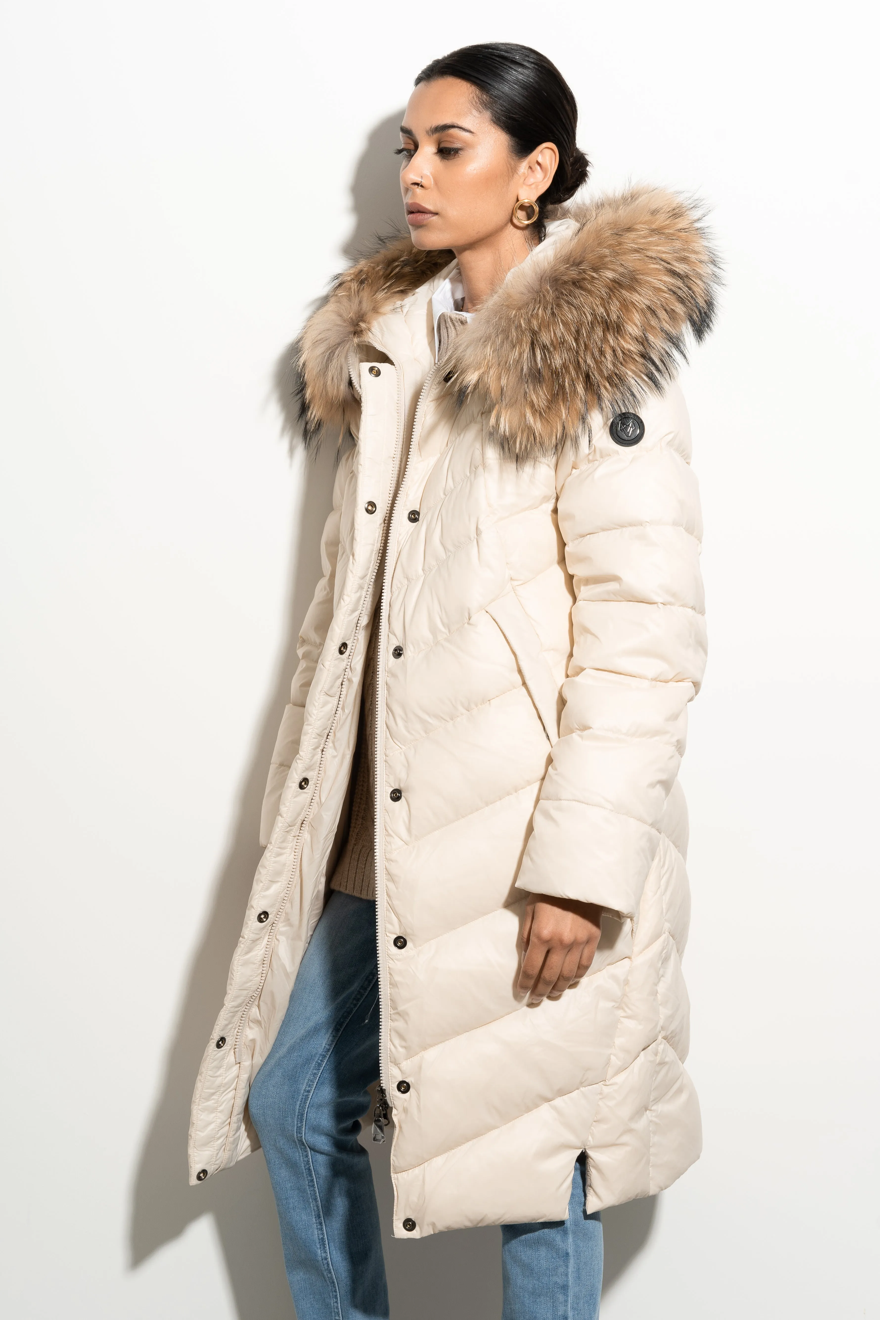 Luxy Midi Water-Repellent Down Jacket - Ecru/Natural