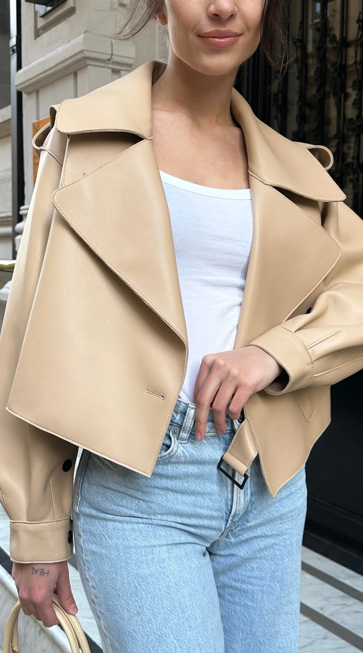 Luxy Oversized Leather Jacket - Beige