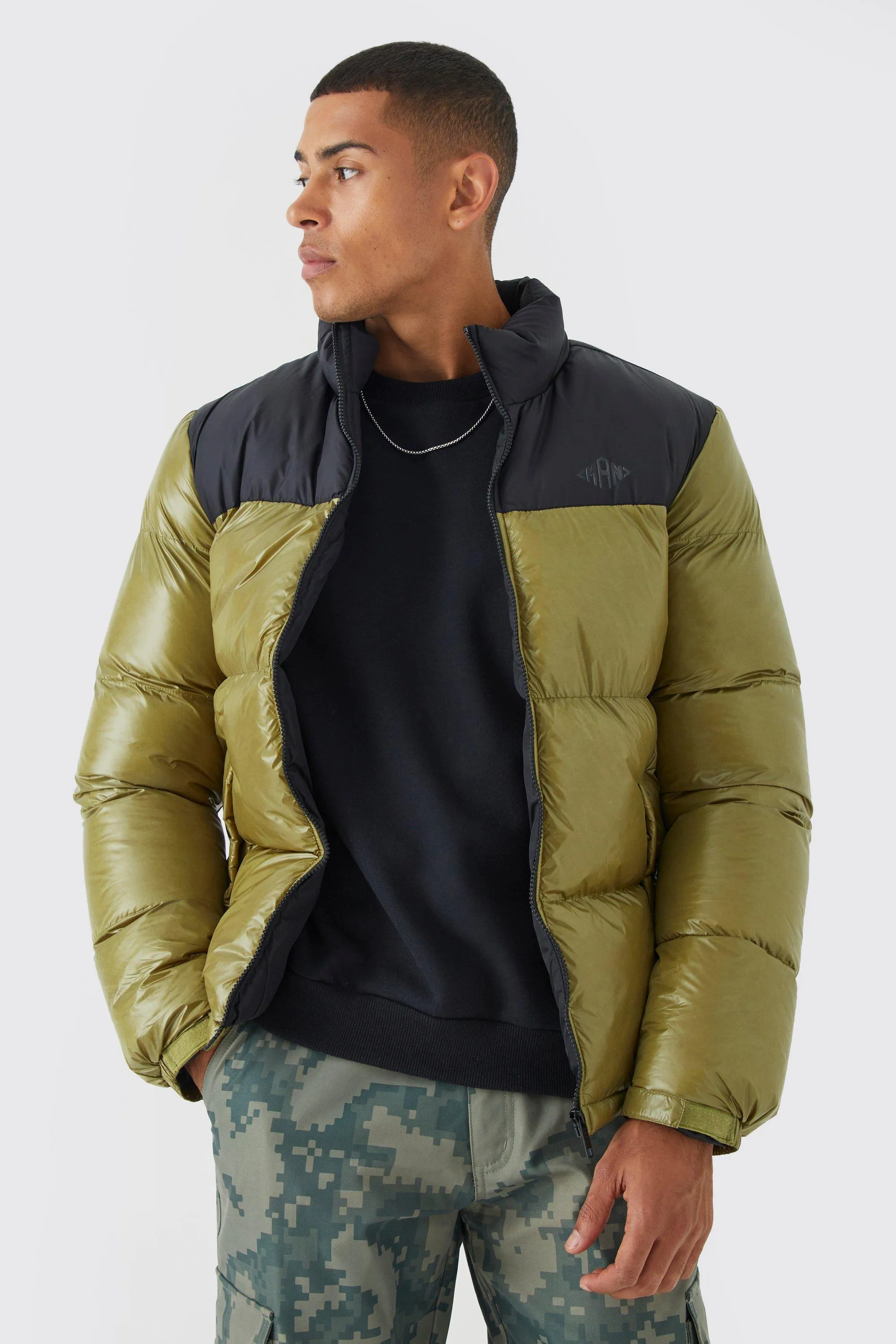 Man High Shine Color Block Puffer