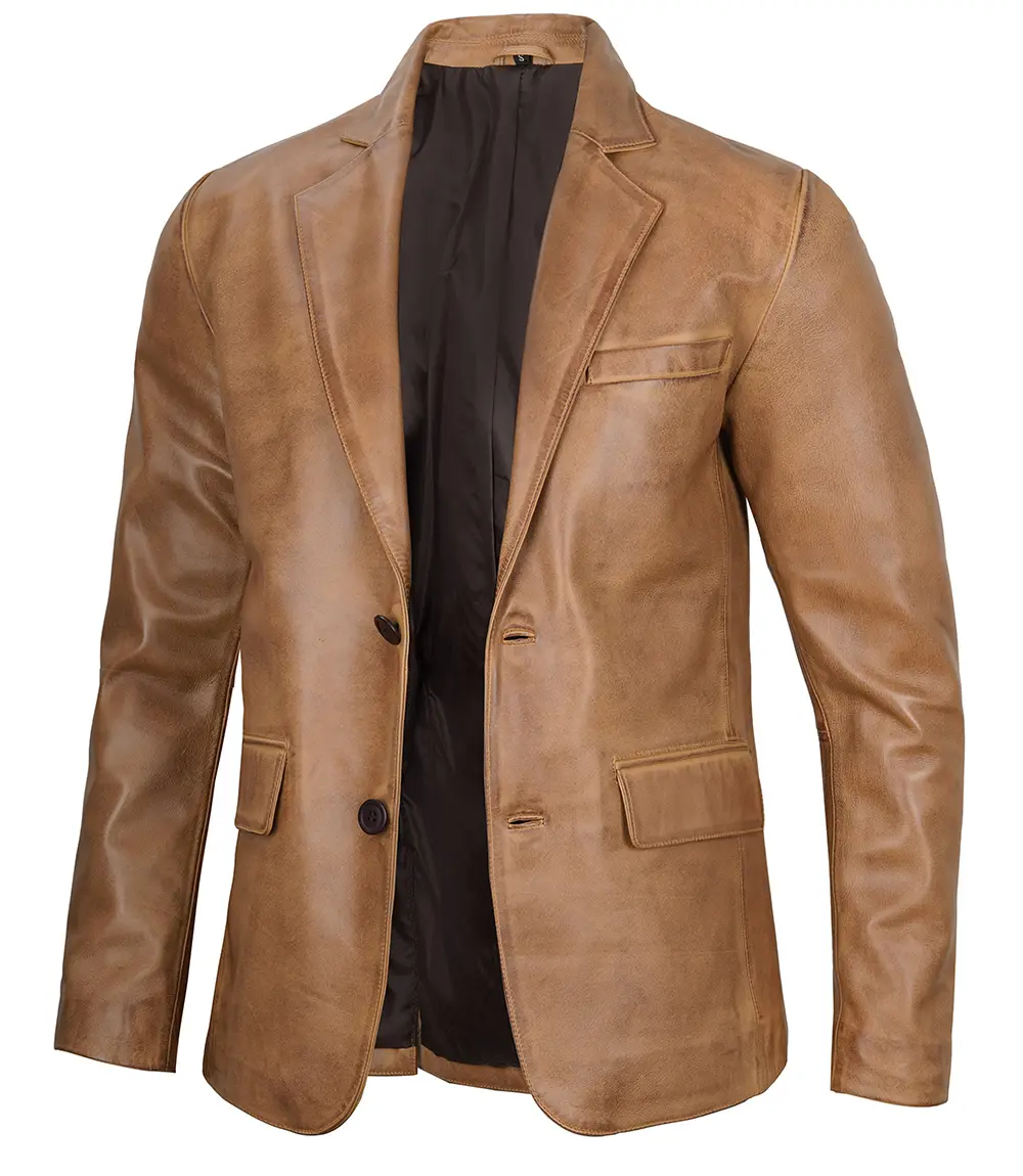 Men's Camel Leather Blazer Jacket