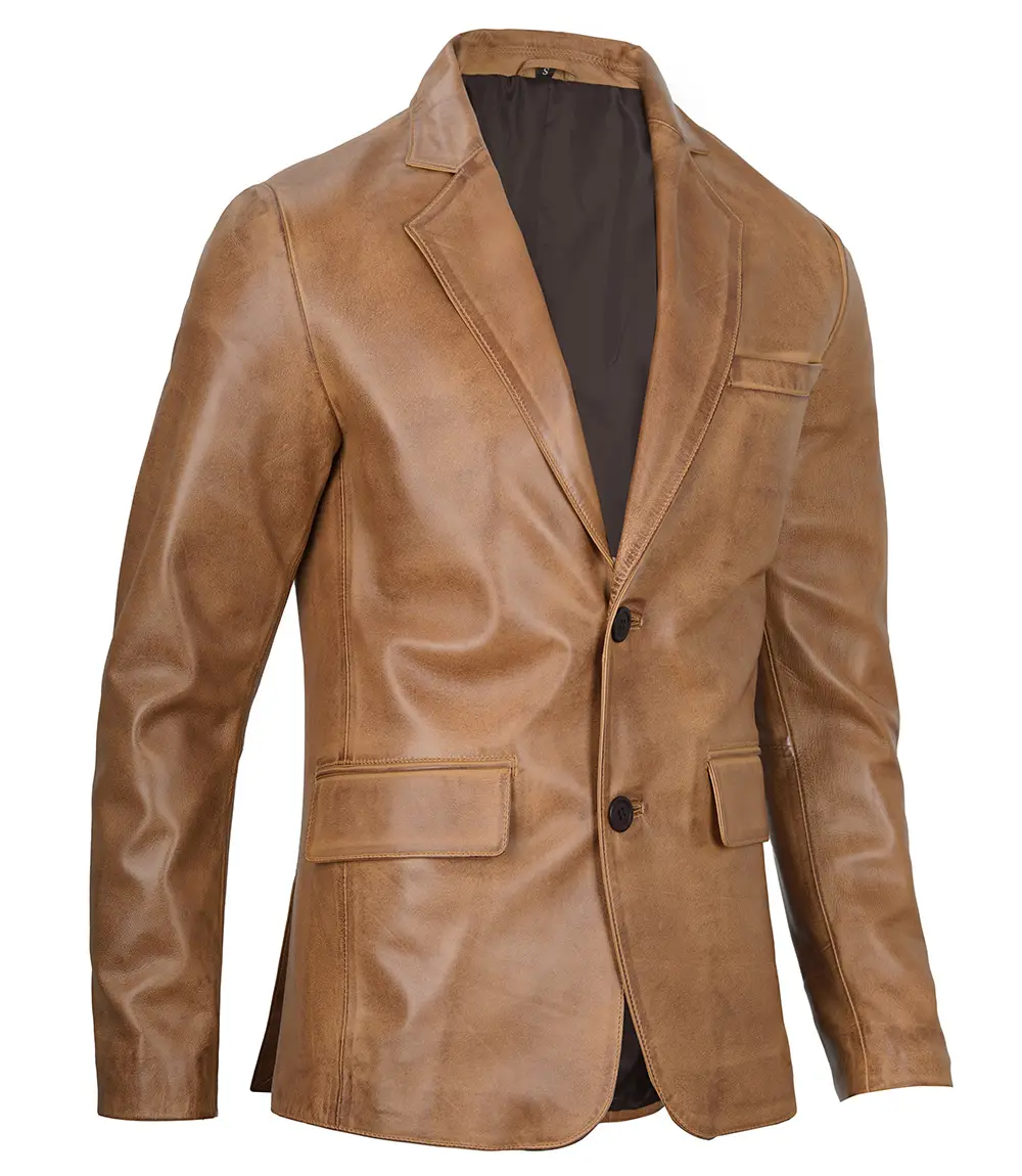 Men's Camel Leather Blazer Jacket