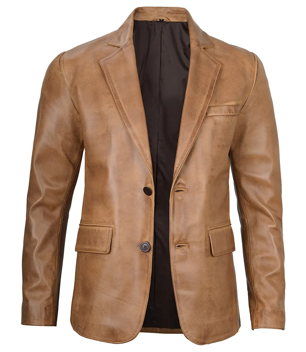 Men's Camel Leather Blazer Jacket