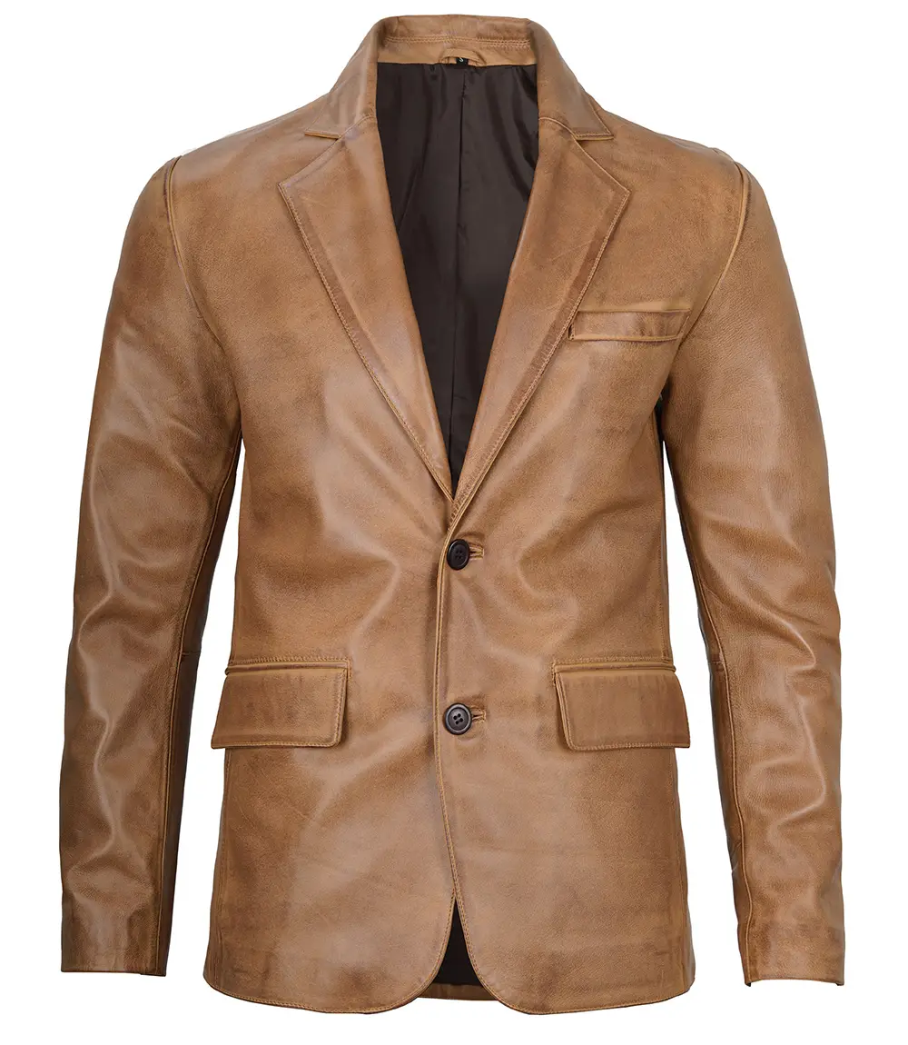 Men's Camel Leather Blazer Jacket