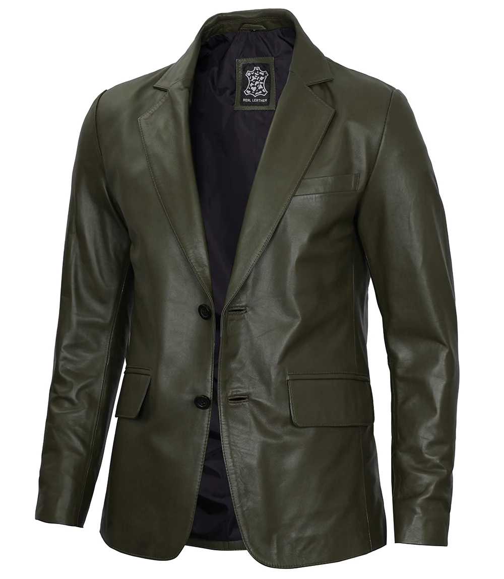 Men's Dark Green Blazer Real Leather Jacket