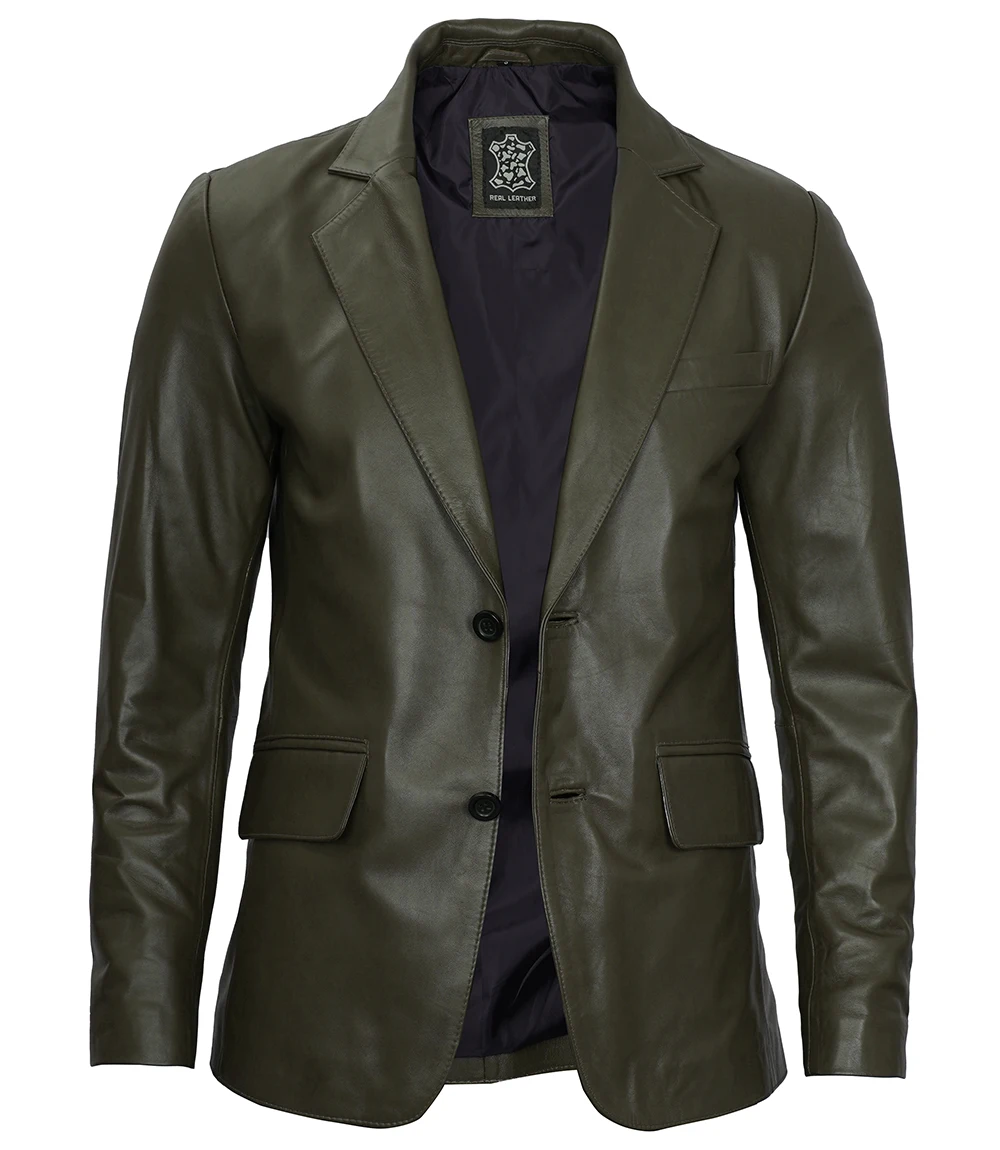 Men's Dark Green Blazer Real Leather Jacket