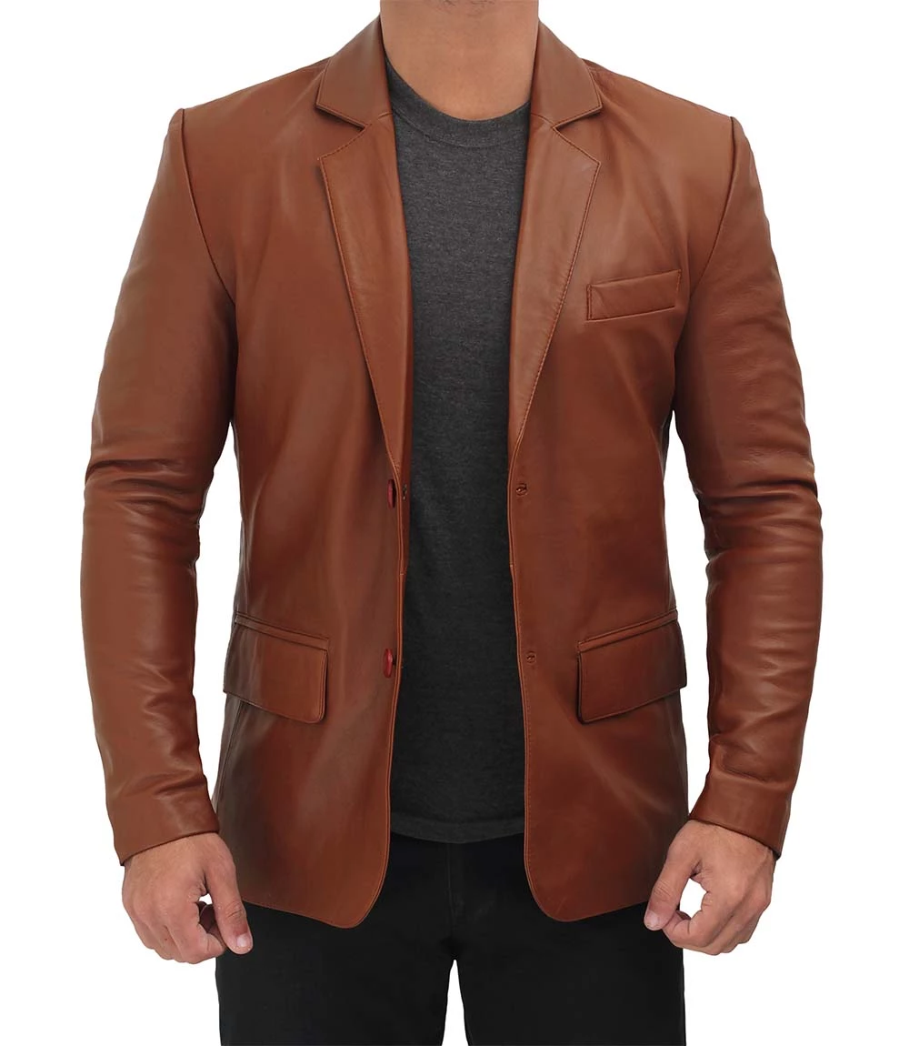 Men's Tall Cognac Brown Leather Blazer Jacket