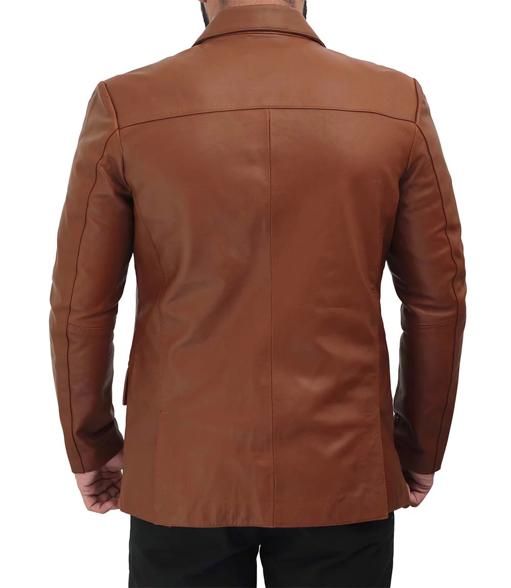 Men's Tall Cognac Brown Leather Blazer Jacket