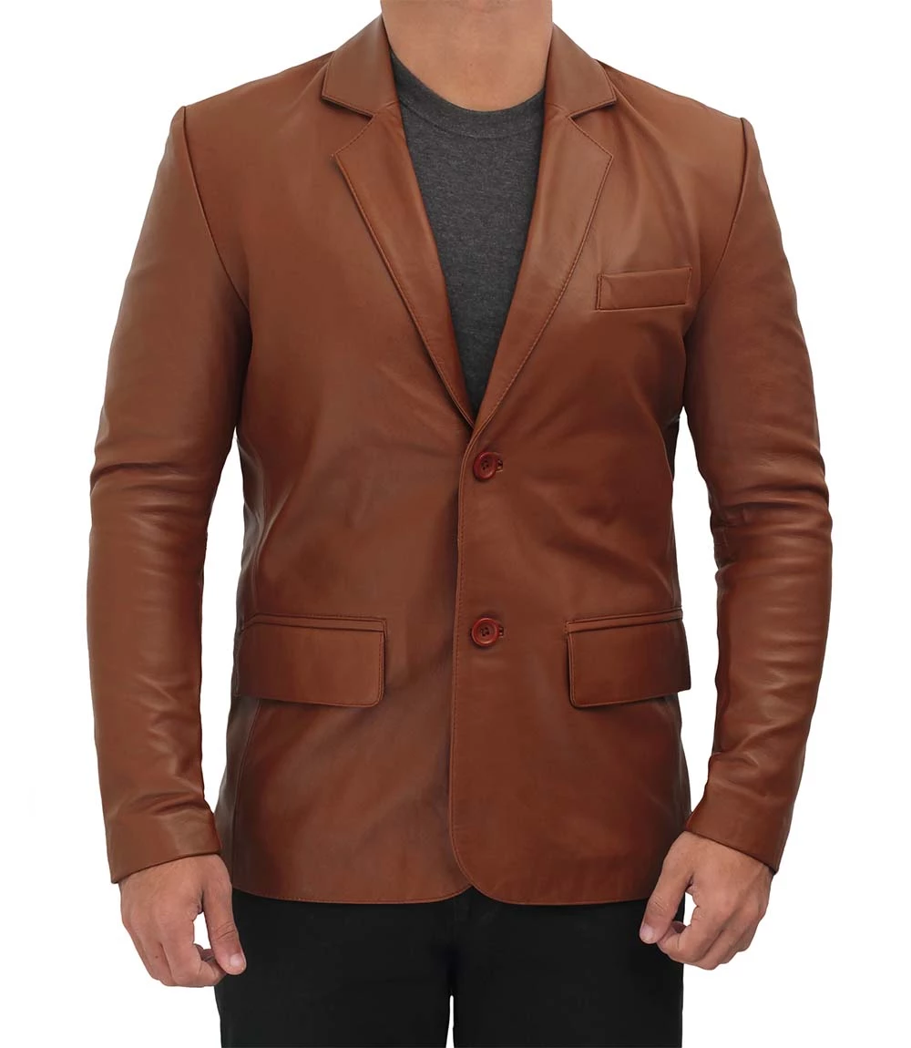 Men's Tall Cognac Brown Leather Blazer Jacket