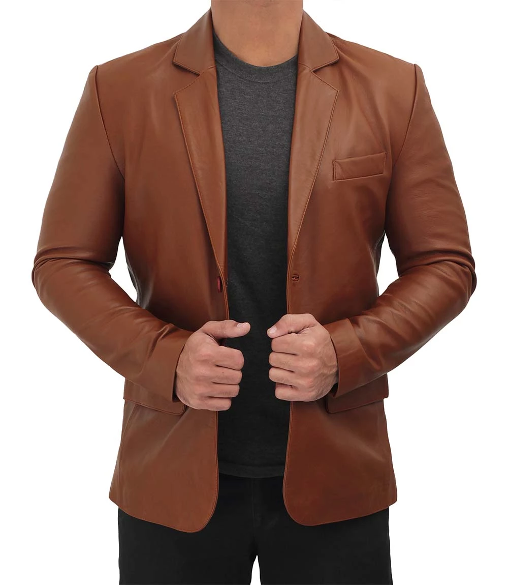 Men's Tall Cognac Brown Leather Blazer Jacket