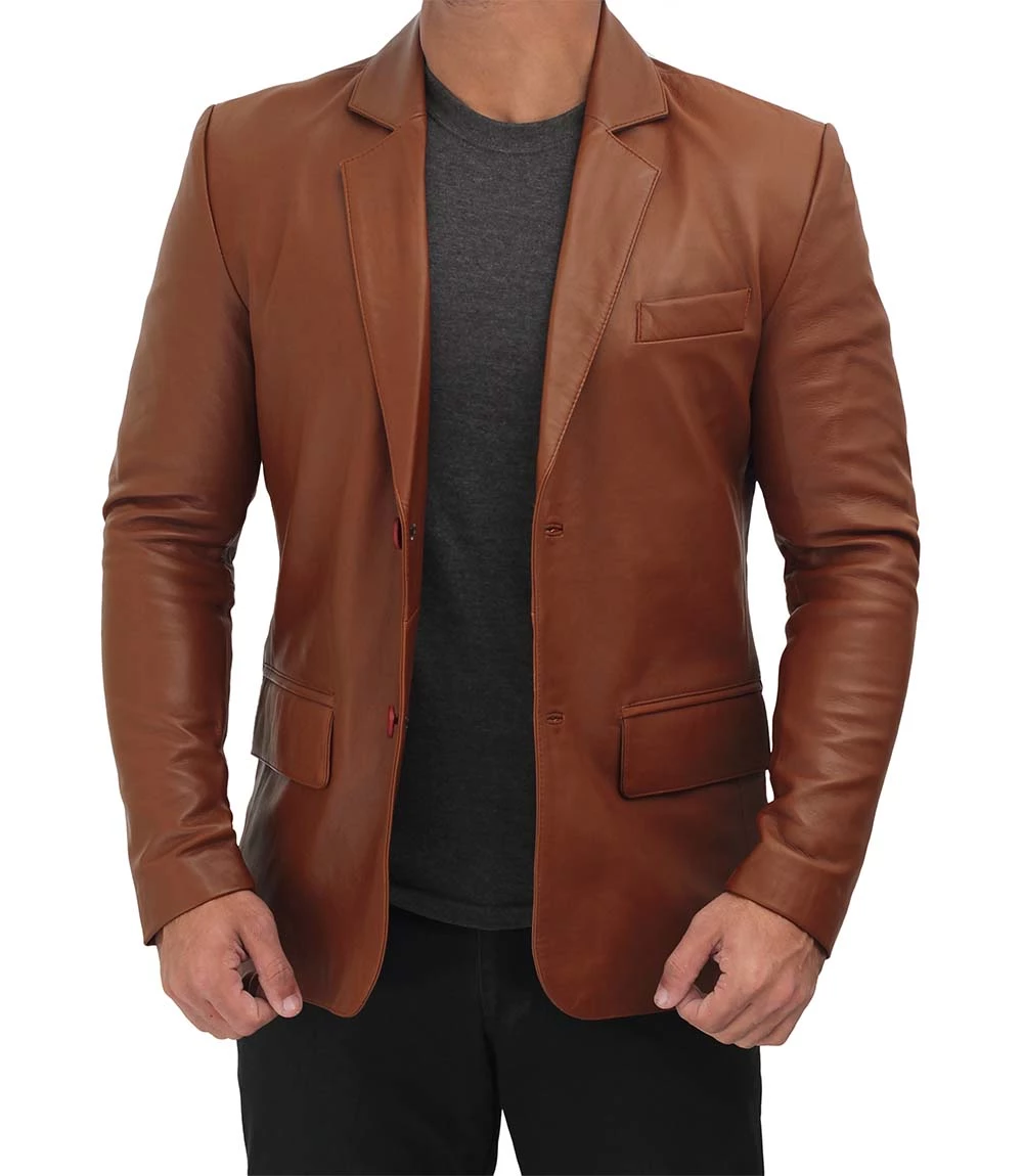 Men's Tall Cognac Brown Leather Blazer Jacket