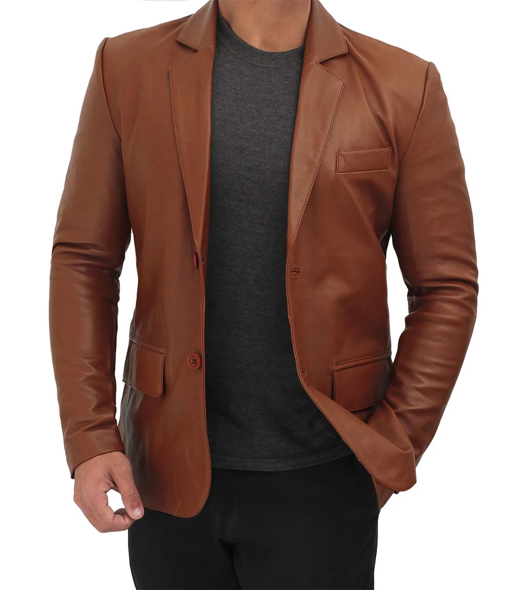 Men's Tall Cognac Brown Leather Blazer Jacket